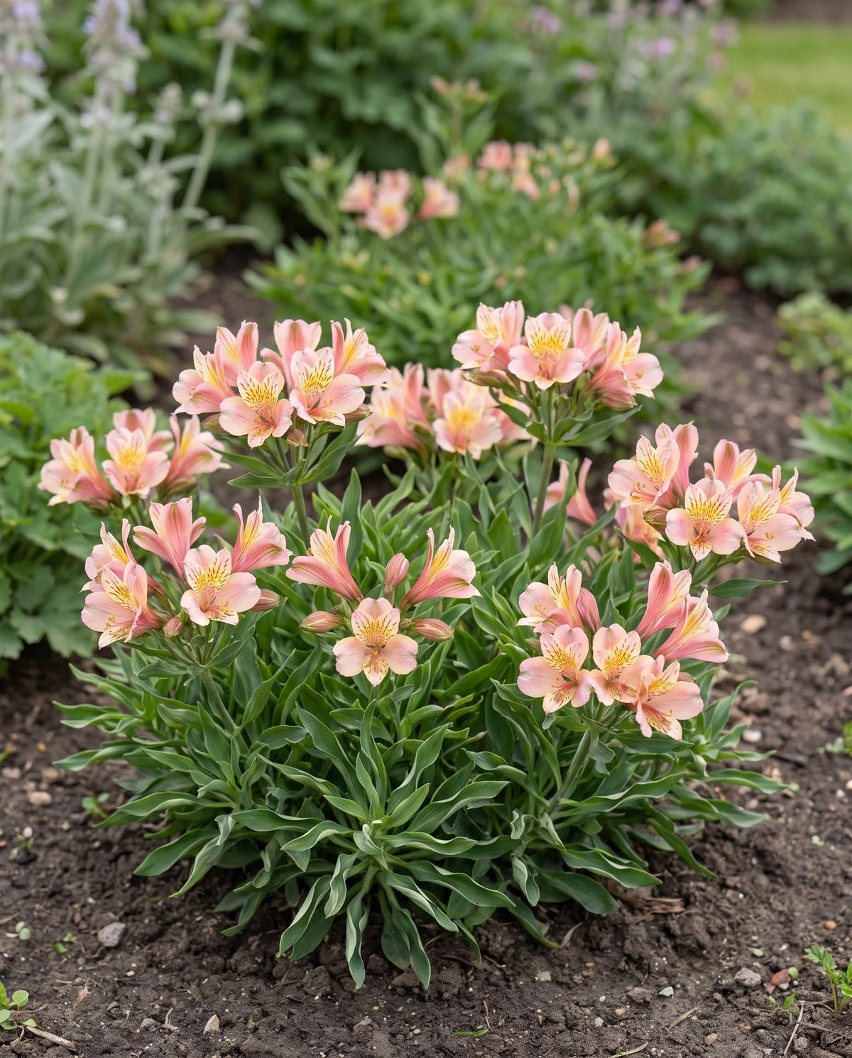 A dwarf alstroemeria in a garden bed, low compact clump carrying several speckled pink flower clusters at knee height