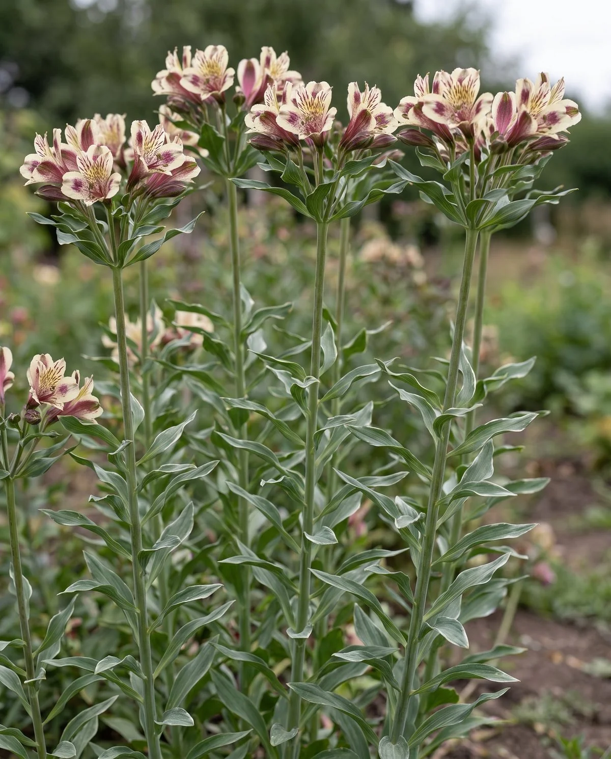 Tall alstroemeria stems at bouquet length in a cutting bed, long straight stems topped with speckled flower clusters