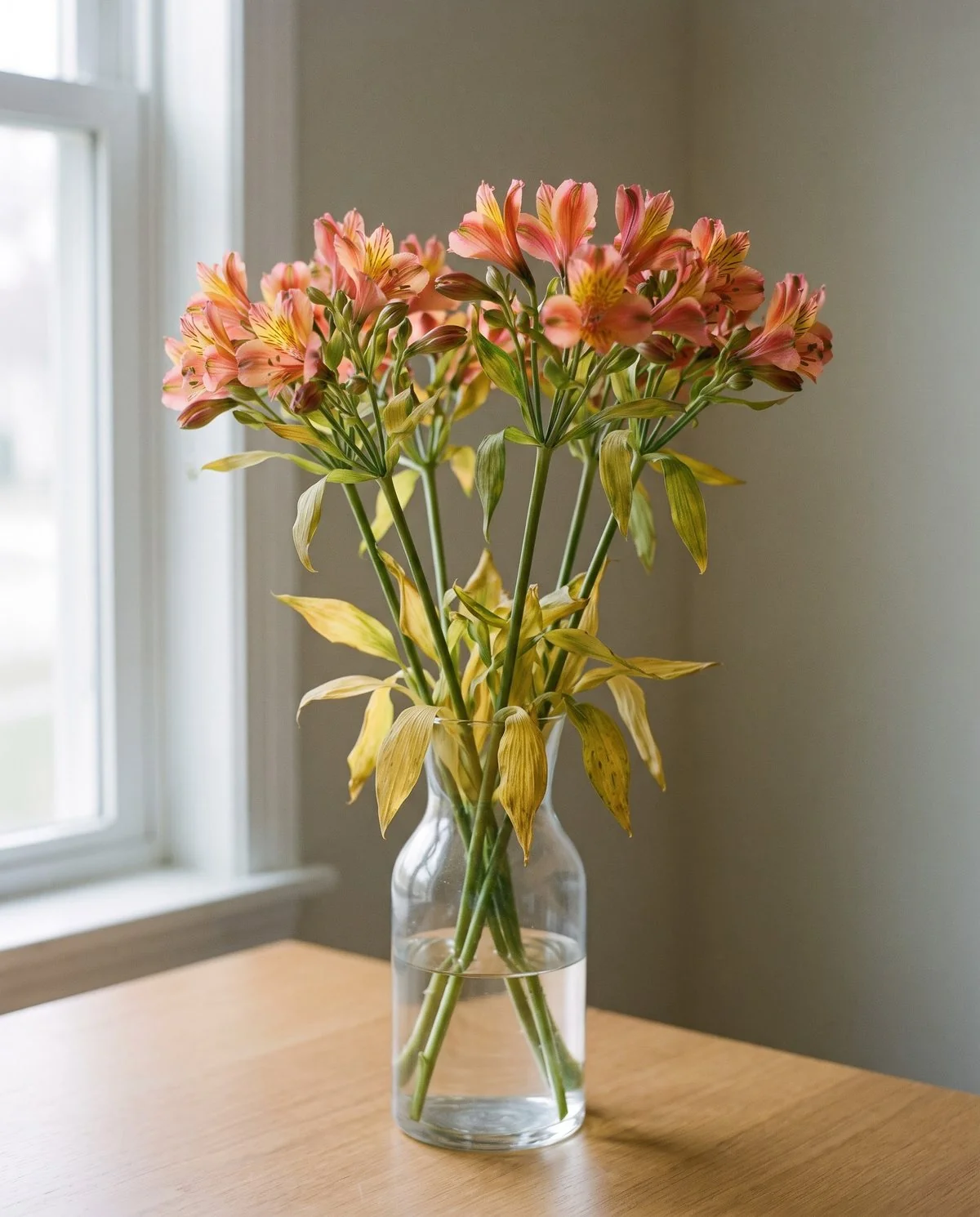 Cut alstroemeria in a clear vase with fresh open florets above yellowing leaves lower down the stems