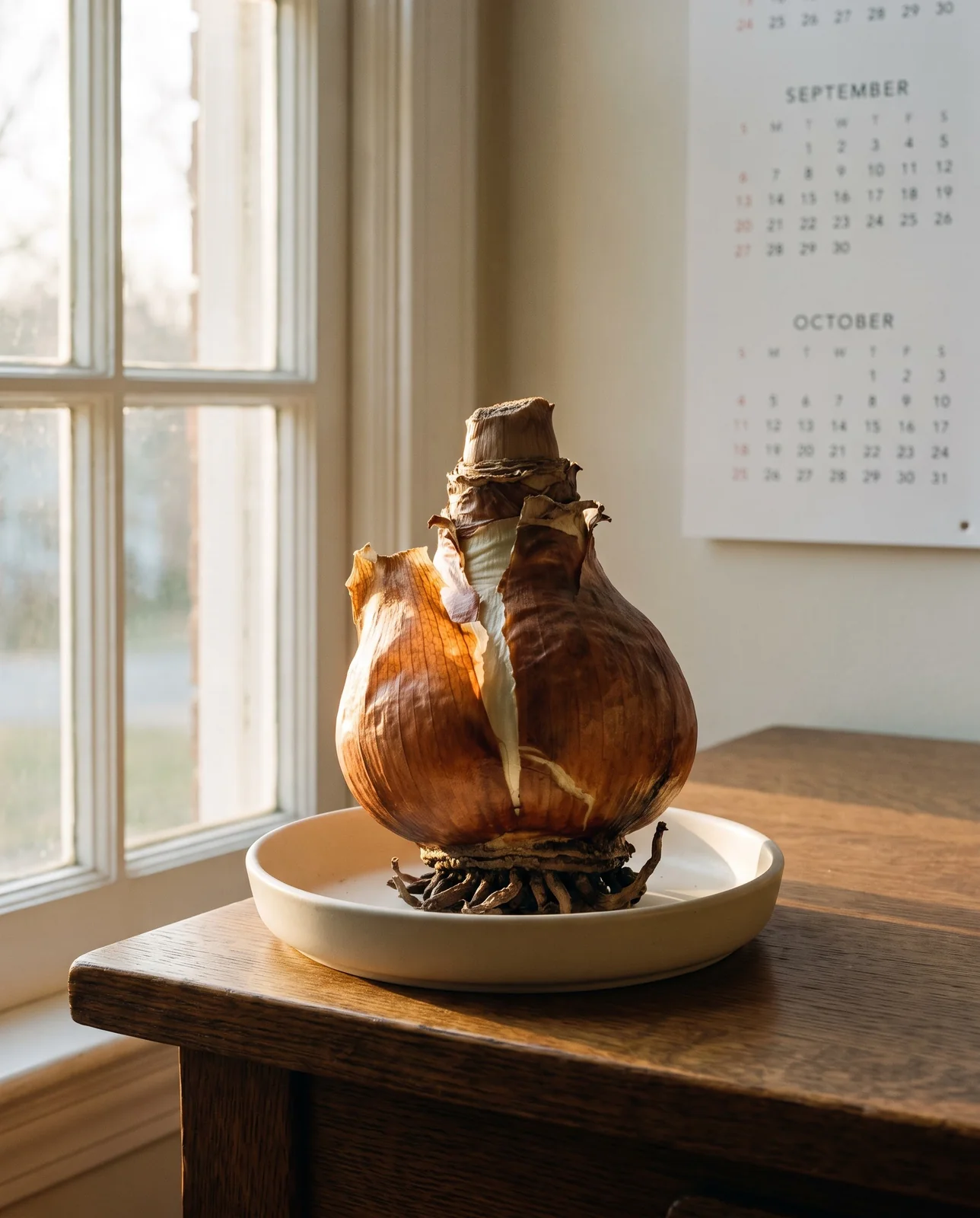 Dry amaryllis bulb on desk saucer beside a paper calendar