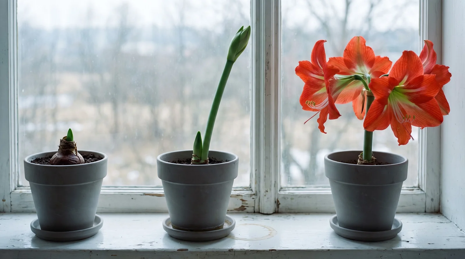 Three potted amaryllis bulbs showing staggered stages of winter growth