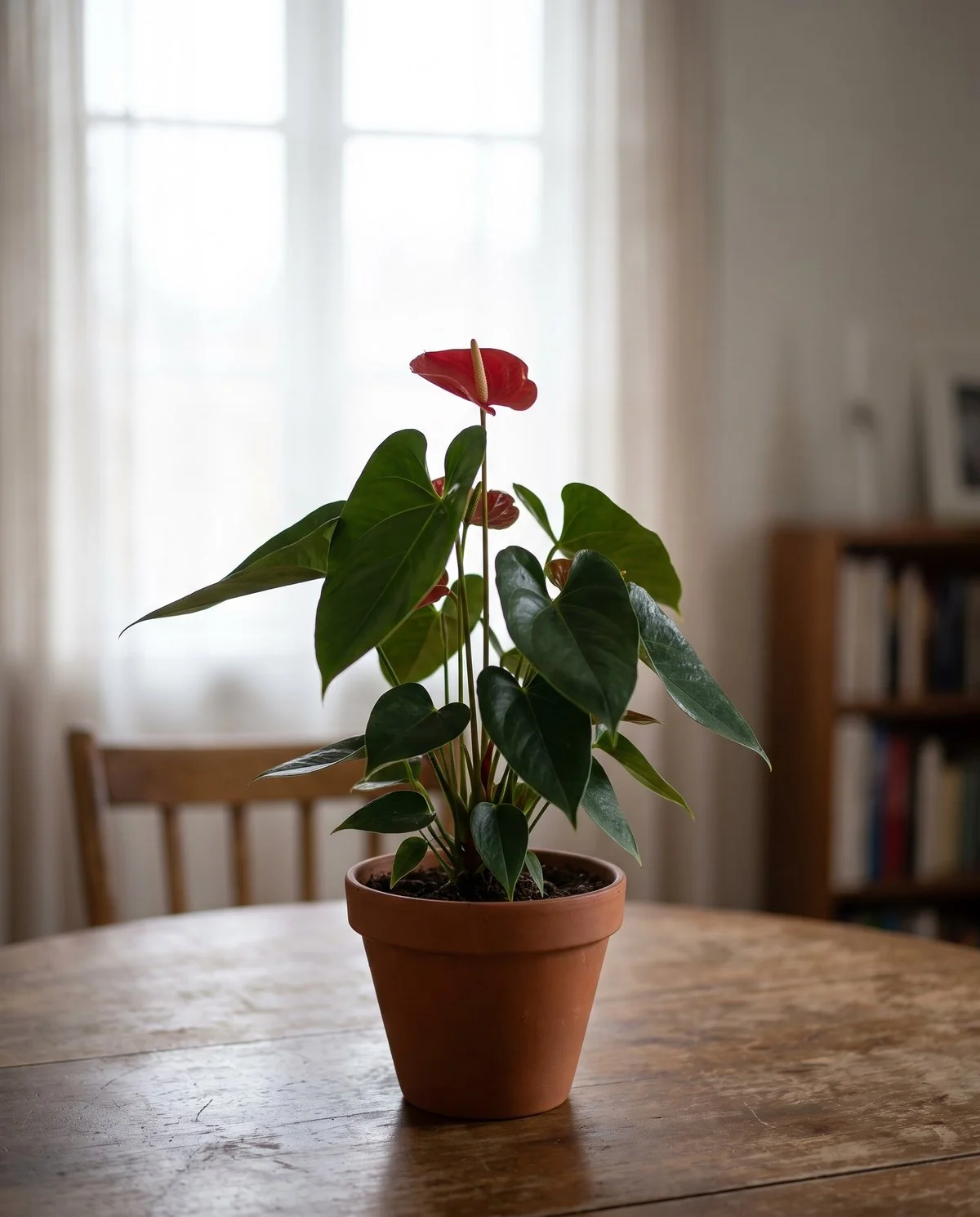 A flowering anthurium standing back from a bright window in filtered daylight rather than in direct sun