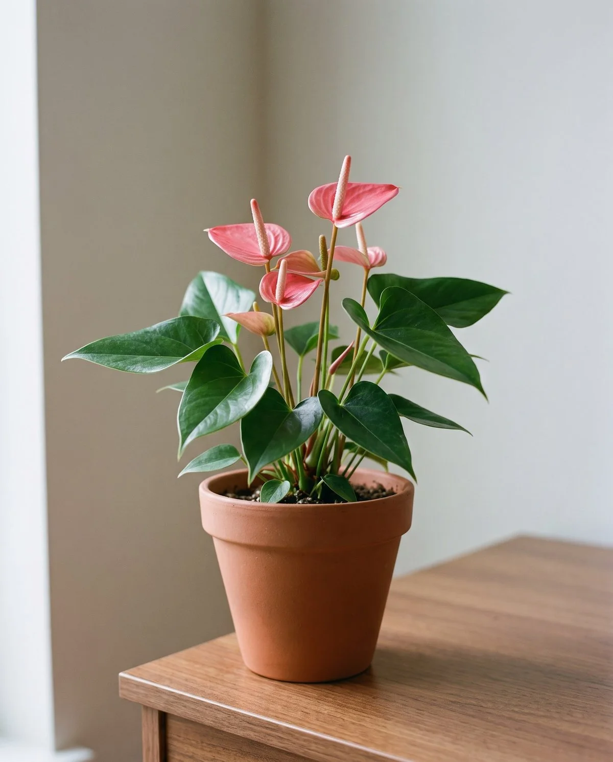 A compact potted anthurium carrying several small pink spathes at once above tidy glossy foliage