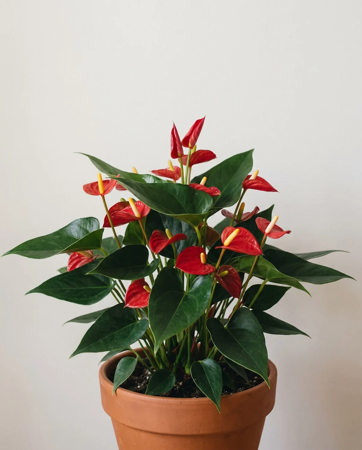 A potted anthurium carrying many small red spathes and short spadices at once, a heavy flush on a compact plant