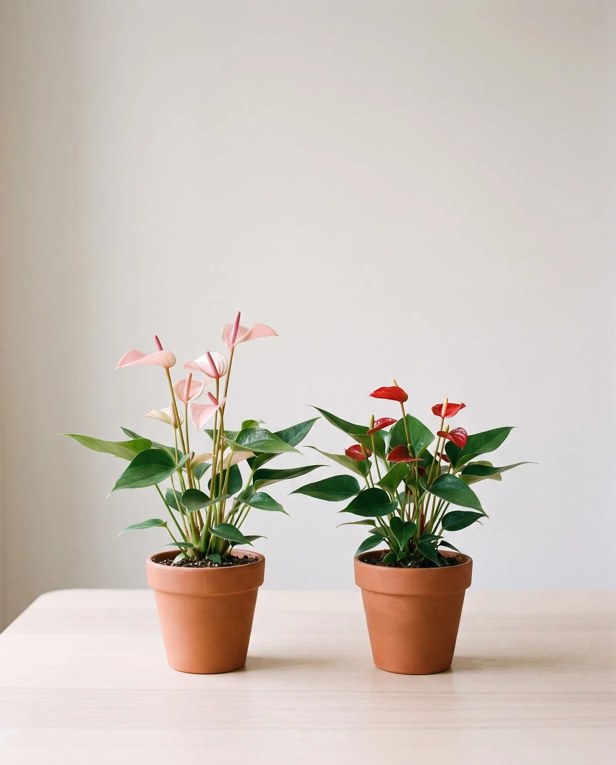 Two mini anthuriums side by side in small pots, one with pale pink spathes and one with red, both low growing