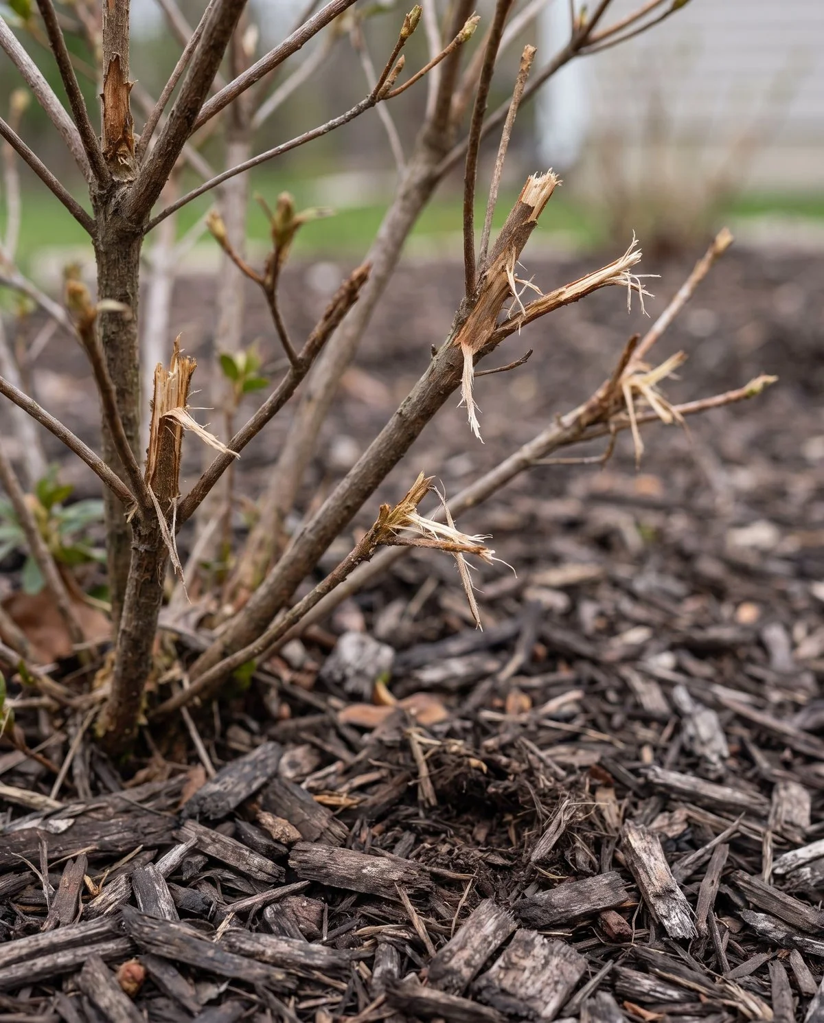 An azalea stripped by deer, foliage gone and stem ends left ragged and torn rather than cleanly cut