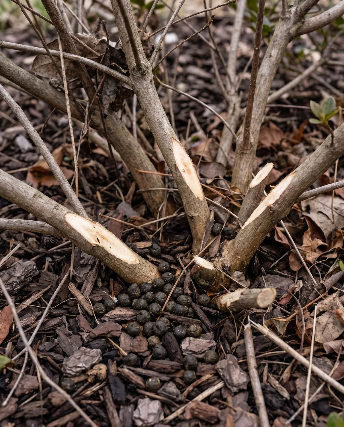Azalea stems cut off low at a clean sharp angle with rabbit pellets scattered on the mulch beneath