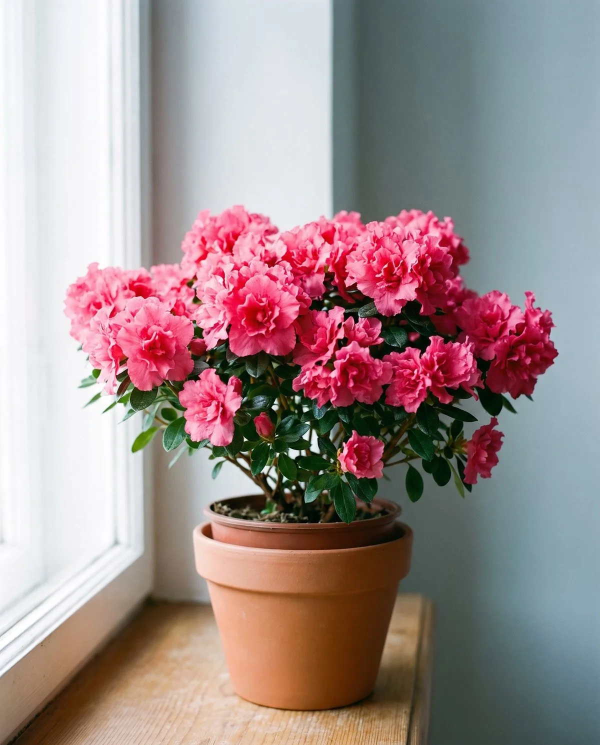 A potted florist azalea in heavy bloom on a windowsill in a cool bright room, its plastic nursery pot visible