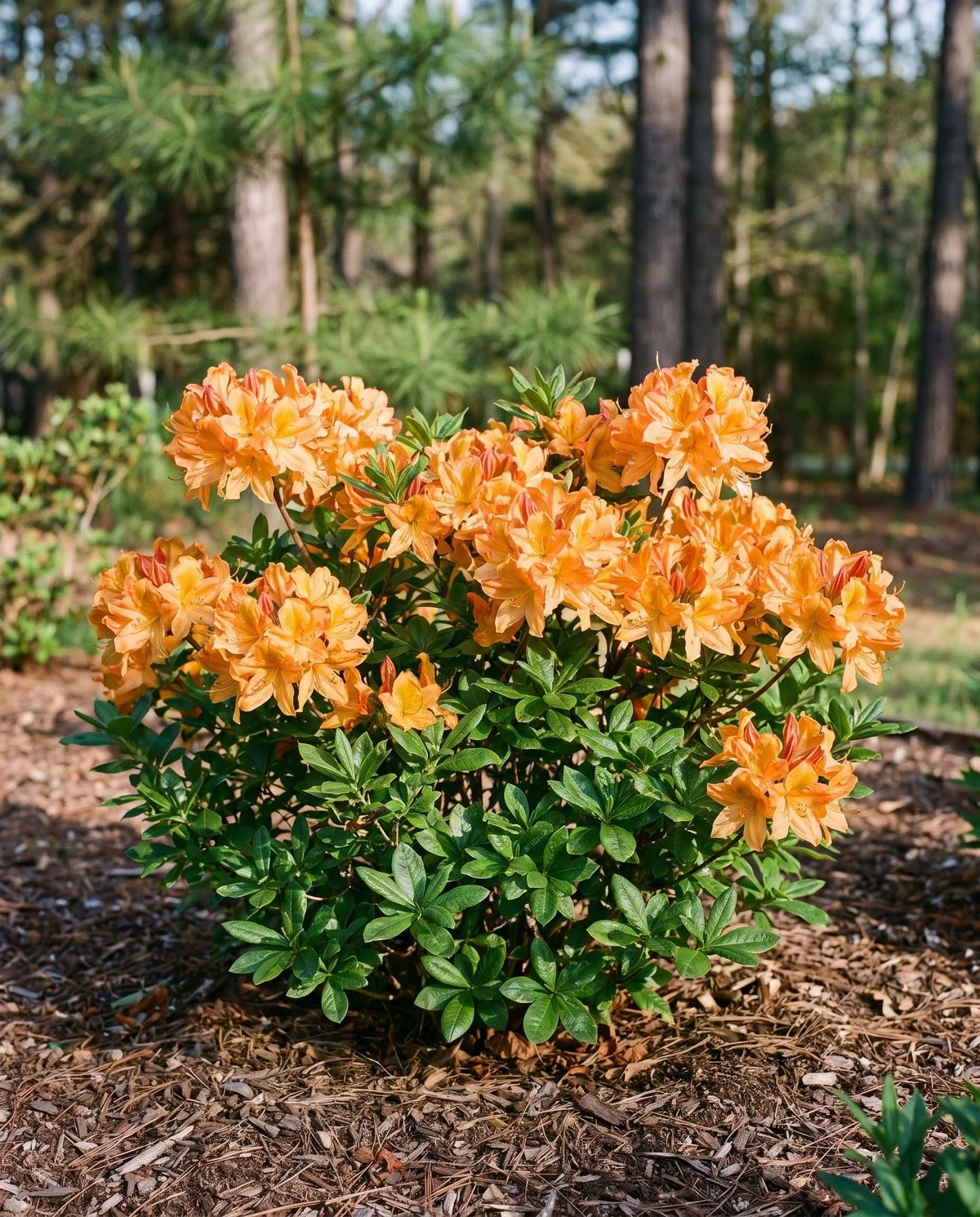 A compact azalea carrying unusually large early flowers in warm orange and gold above glossy foliage