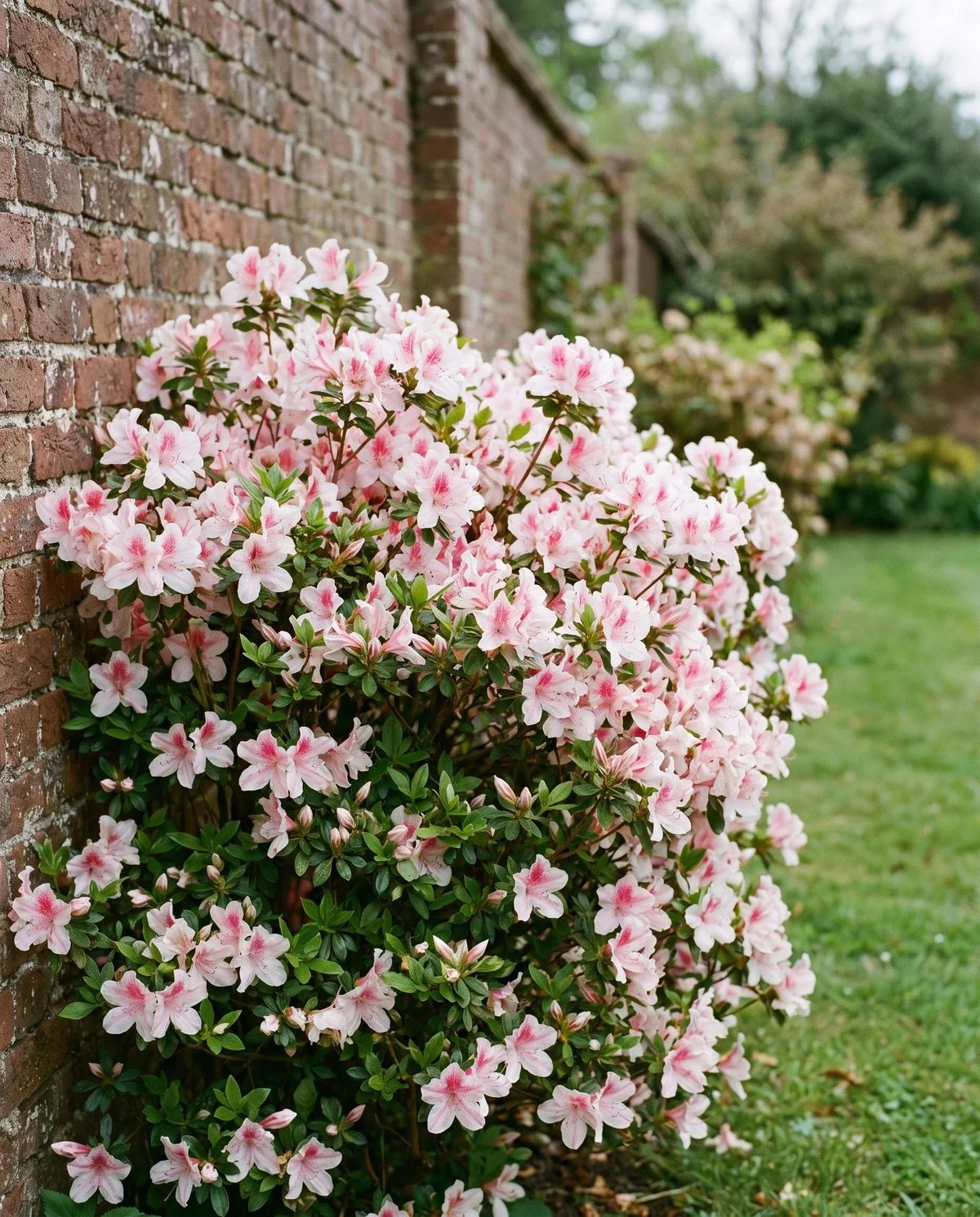 A mid-sized evergreen azalea in full bloom against a brick wall, funnel-shaped white flowers flushed with rose