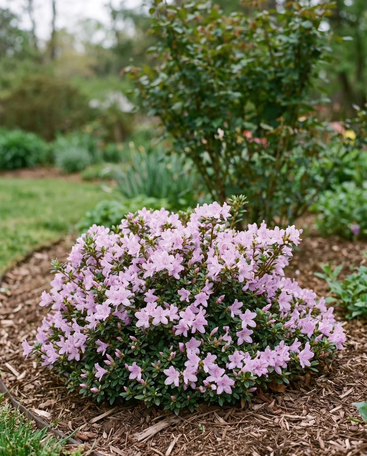 A dwarf evergreen azalea in bloom at the front of a bed, low and neat with pale lavender flowers