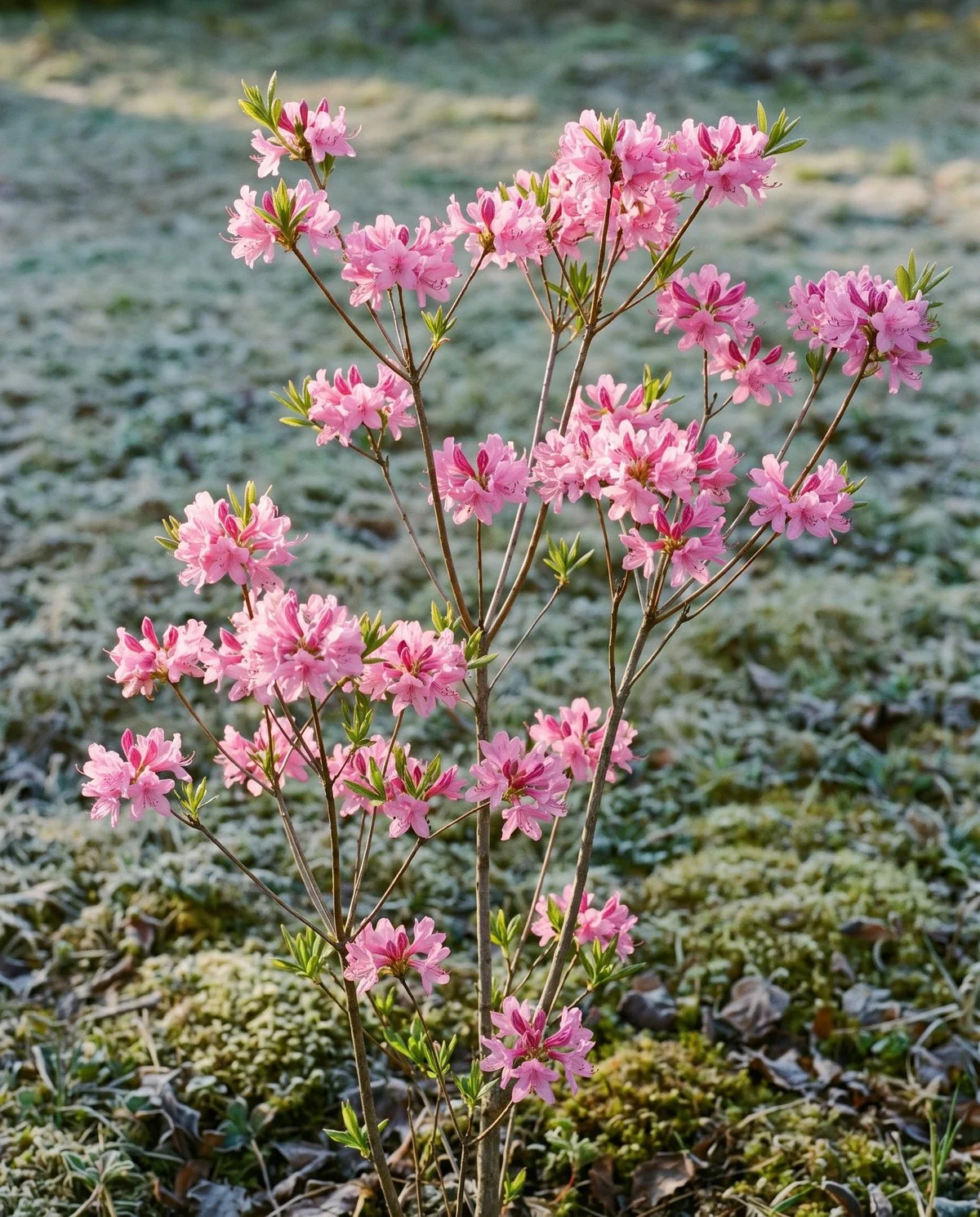 A deciduous azalea in a cold-climate garden, clusters of pink flowers open on bare branches before the leaves
