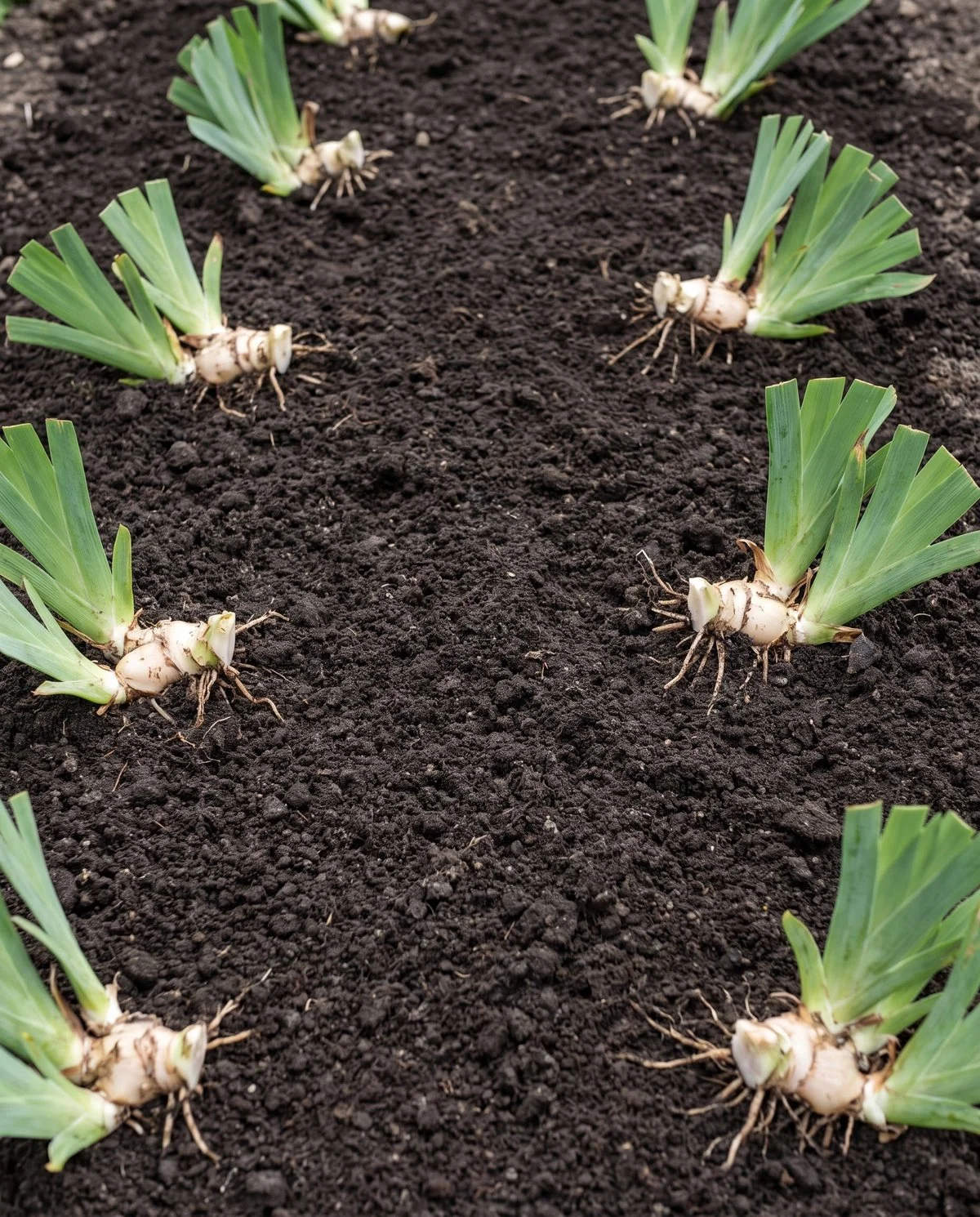 Newly divided bearded iris fans replanted well apart in open soil with the rhizome tops showing