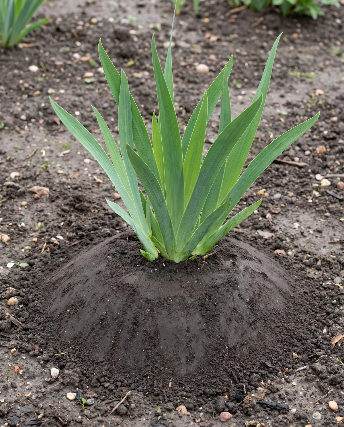A bearded iris planted too deep, a mound of soil covering the rhizome completely with only leaves showing