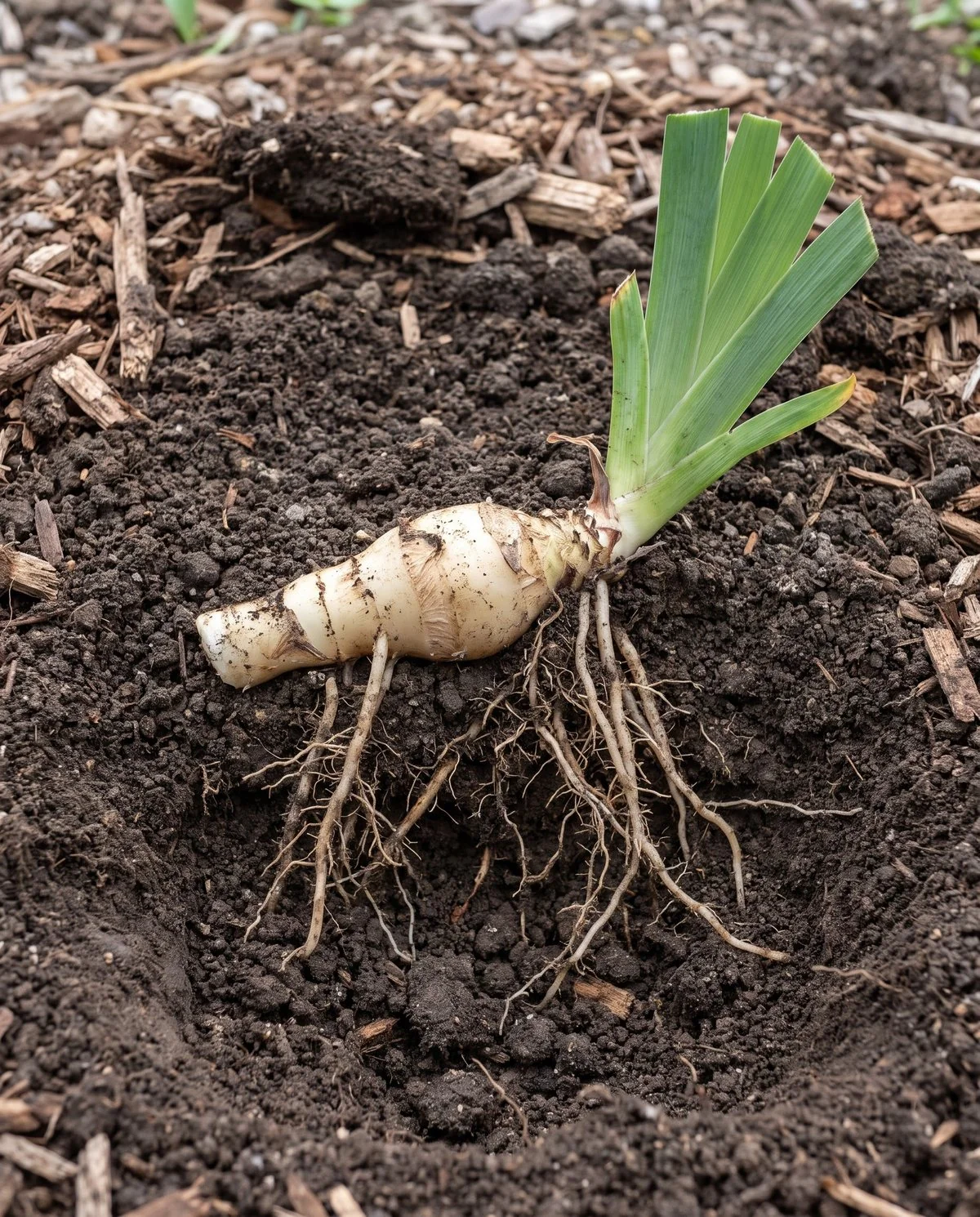 A newly planted bearded iris rhizome sitting at the soil surface with its top exposed and roots covered