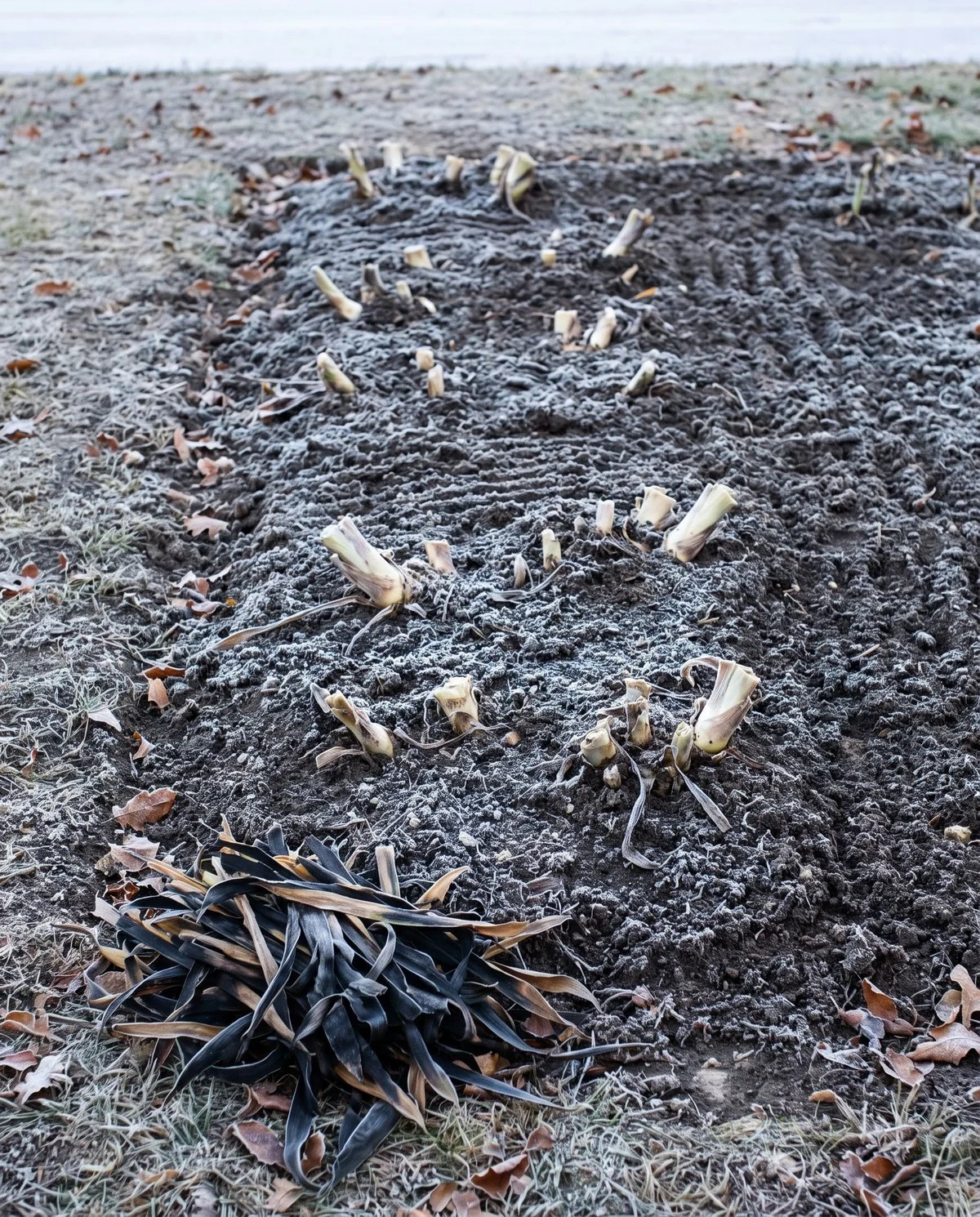 An iris bed cleared of old leaves and debris after frost, rhizome tops showing in bare soil