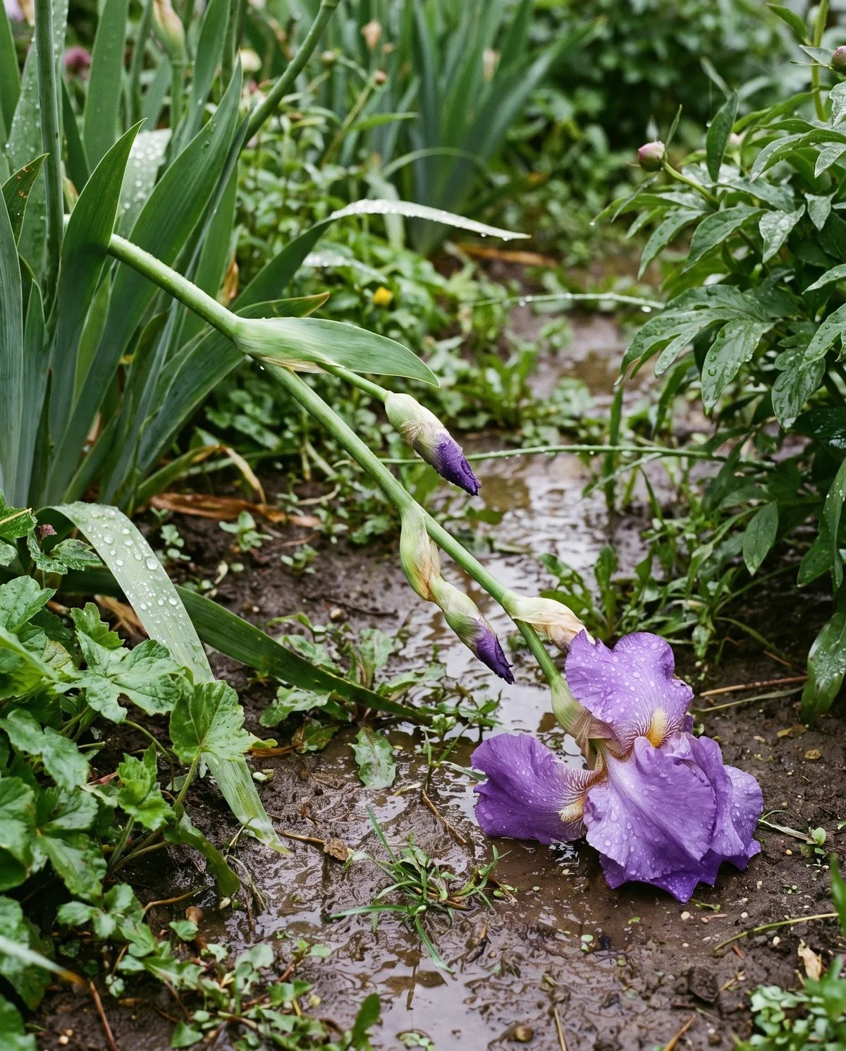 A tall bearded iris stalk laid over across a bed after rain, the stem bent but firm and undiscoloured