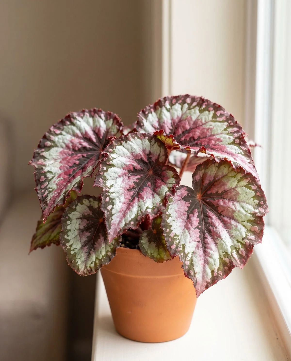 A rex begonia grown for foliage, its leaves patterned in silver, maroon and deep green with a puckered surface