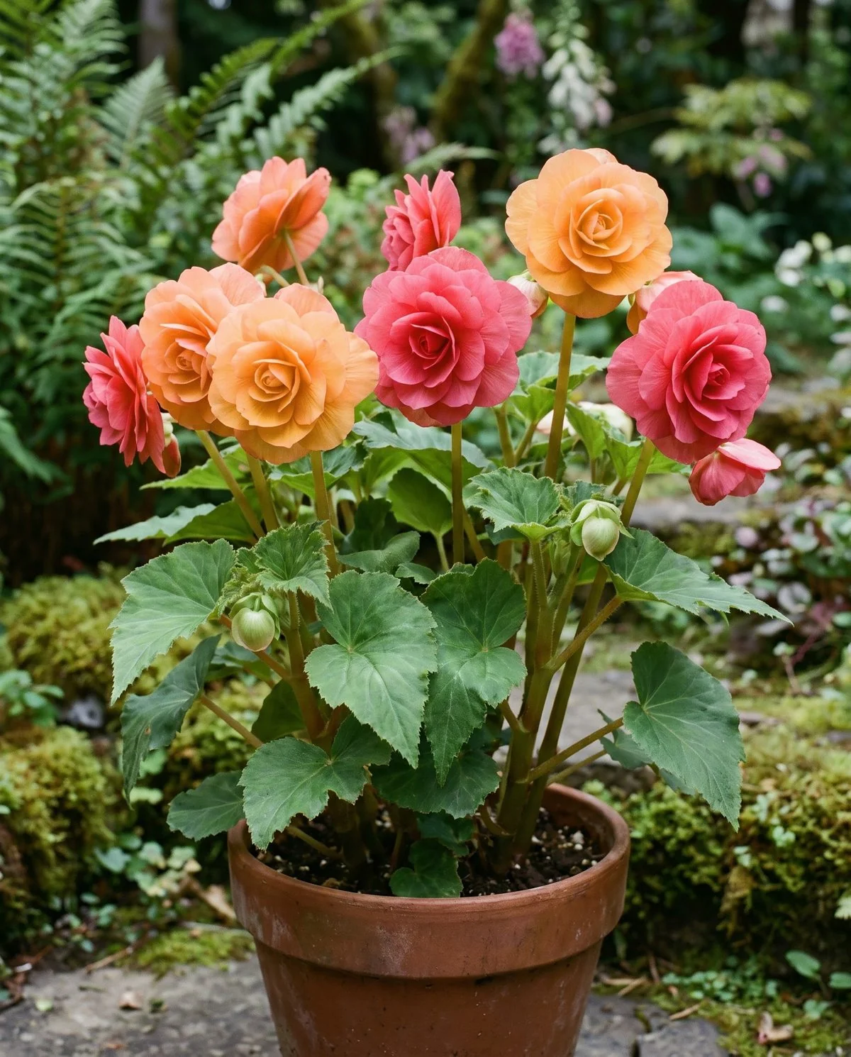 Tuberous begonias in bright shade carrying large many-petalled apricot and rose blooms above soft green leaves