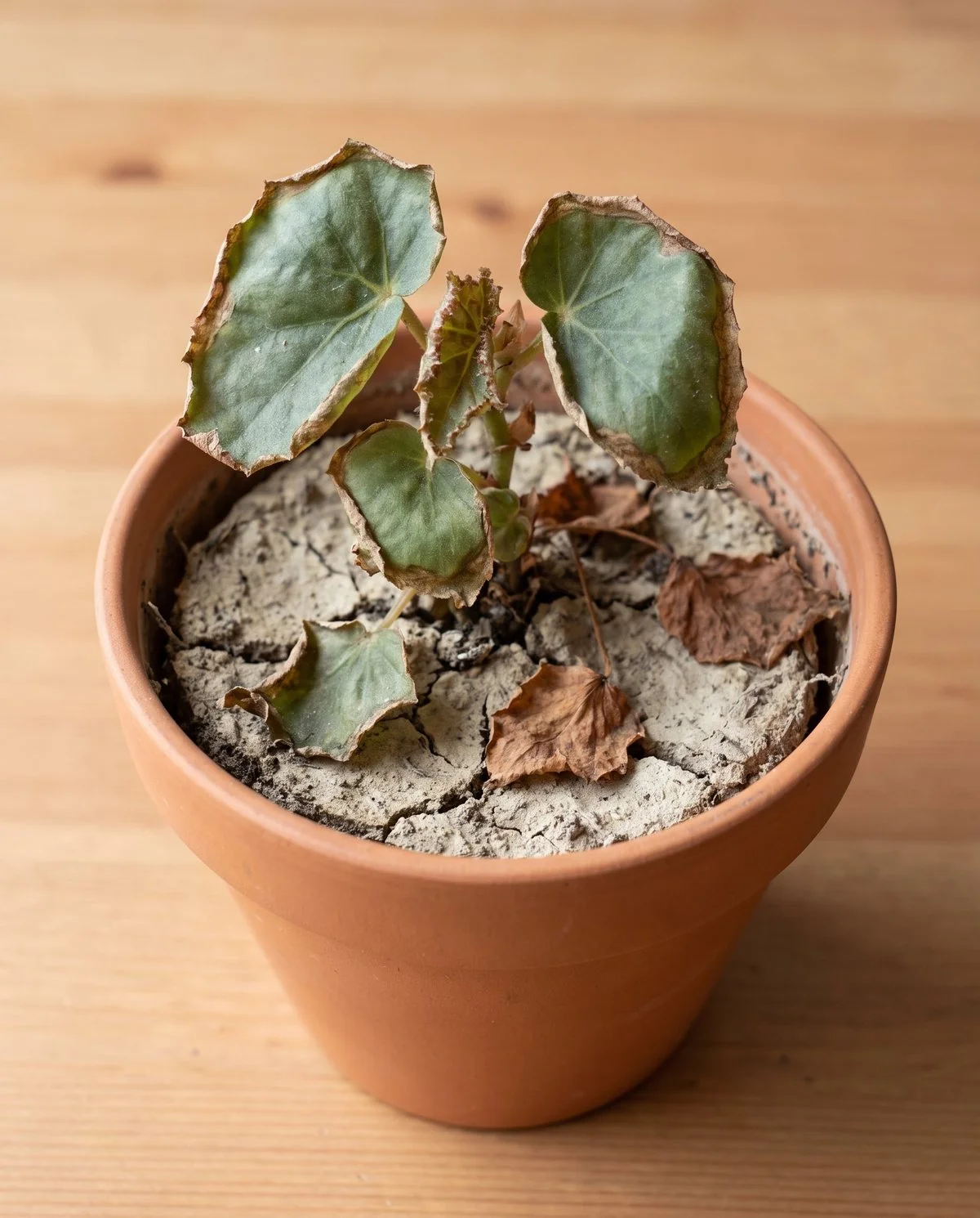 An underwatered begonia in dry shrunken soil with brittle curled leaves and shed leaves on the surface