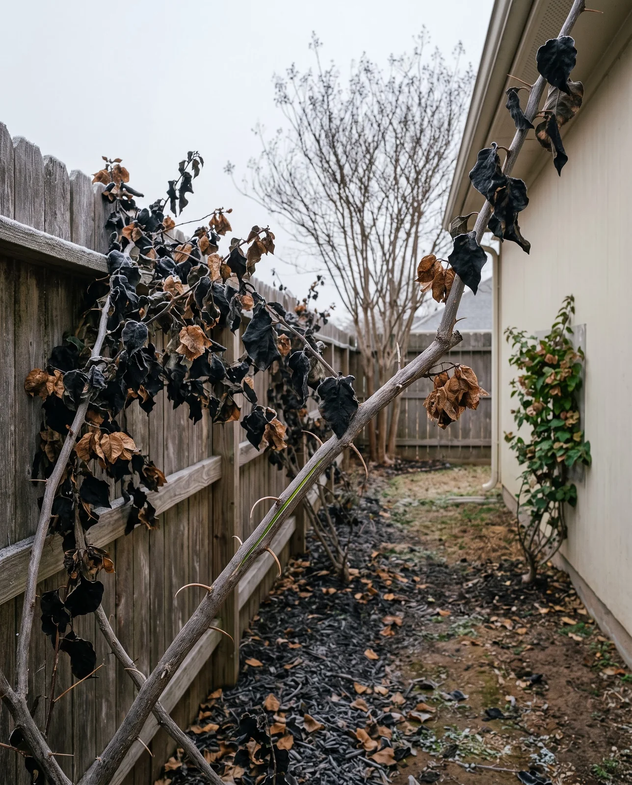 A bougainvillea after a frost with blackened curled leaves and browned bracts on a fence in winter