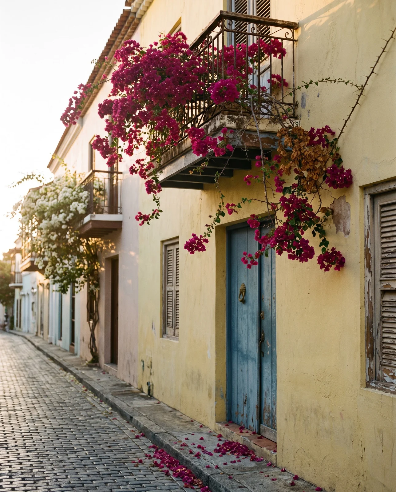 Magenta bougainvillea over an old balcony and pastel wall on a colonial street in warm evening light