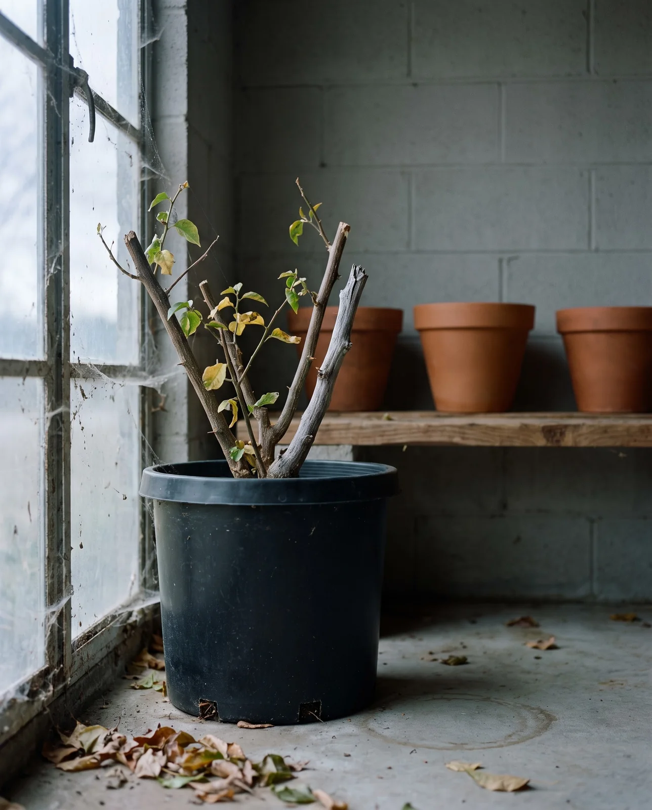 A potted bougainvillea cut back and standing by a garage window in winter with a few leaves left