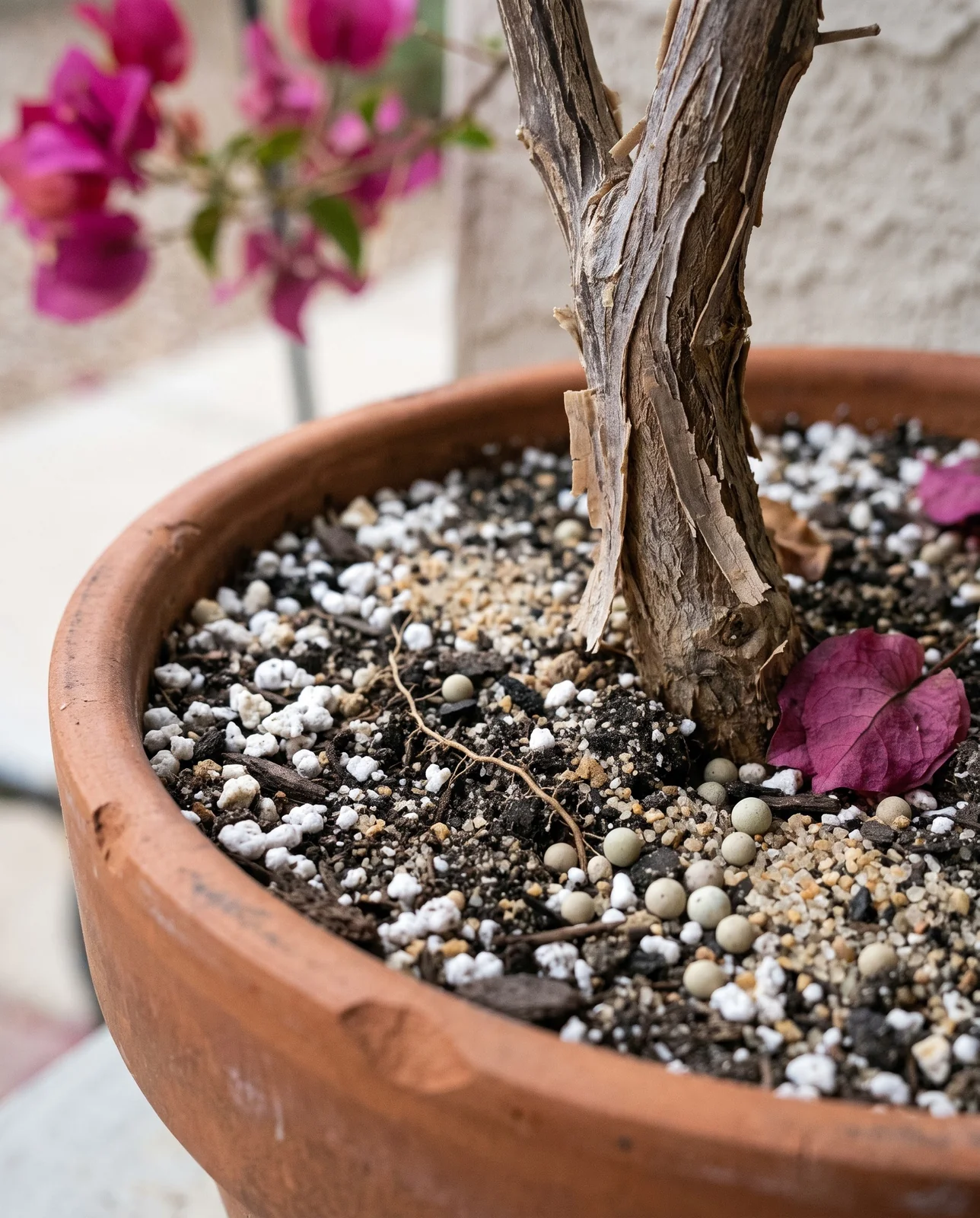 A bougainvillea pot showing gritty free-draining potting mix with a few slow-release granules on the surface