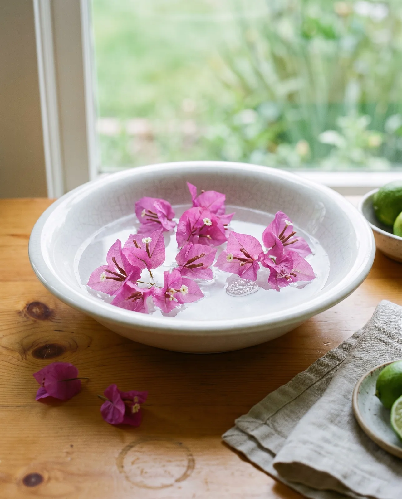 Magenta bougainvillea bract clusters floating in a shallow ceramic bowl of water on a wooden table