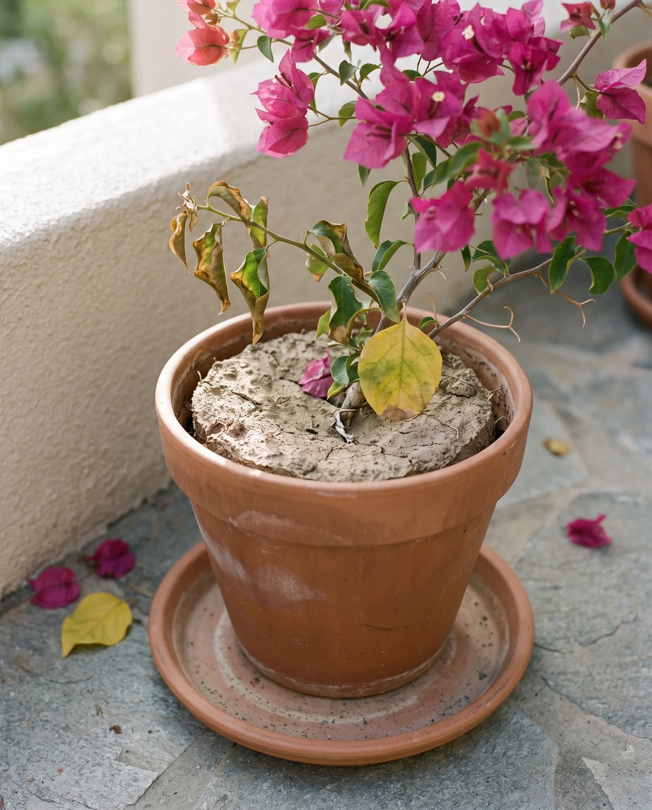 A bougainvillea in a pot with dry cracked soil and slightly wilted leaves next to its bracts in full color