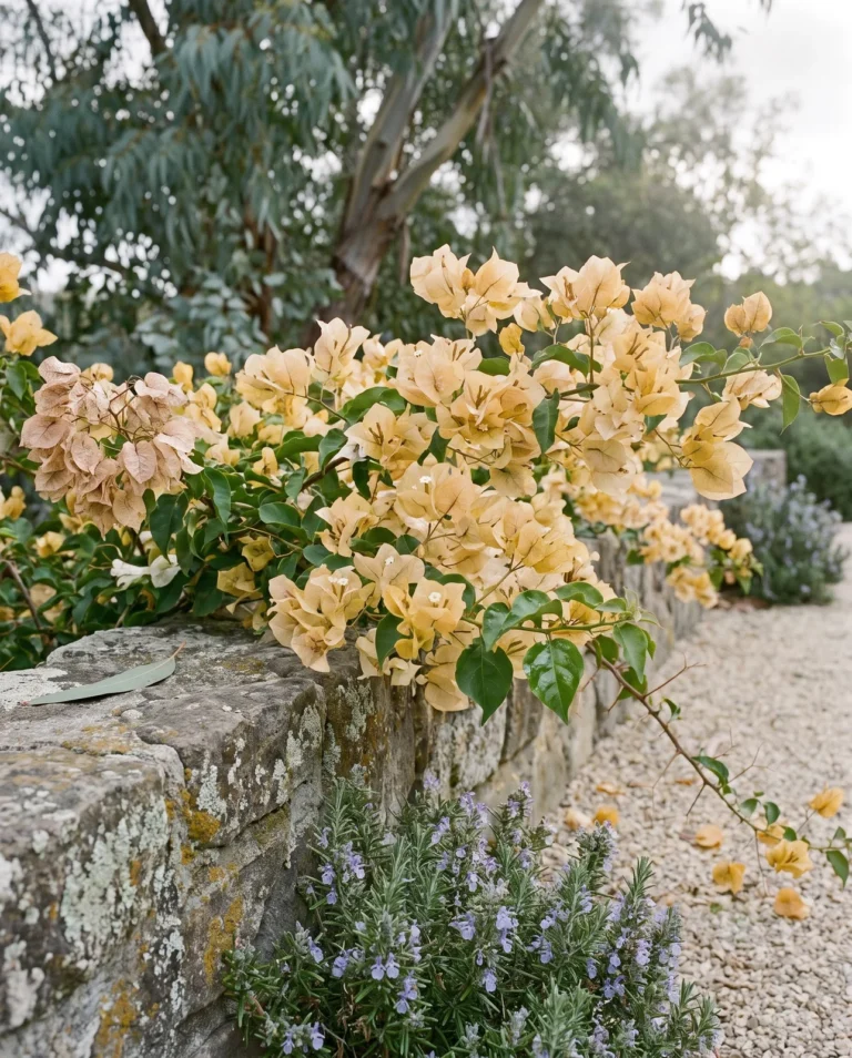 California Gold bougainvillea with pale gold bracts over a low stone wall in morning light