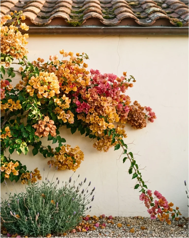 Camarillo Fiesta bougainvillea with bracts in gold, orange and pink at once on a sunny wall