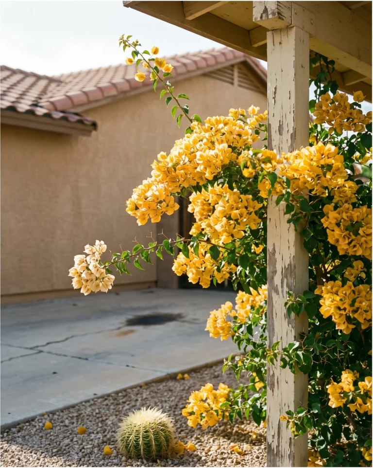 Gold Rush bougainvillea with bright gold bracts on a vigorous vine over a carport post