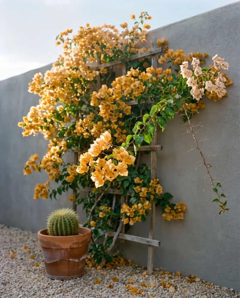 Golden Summer bougainvillea with warm gold bracts on a trellis against a grey wall