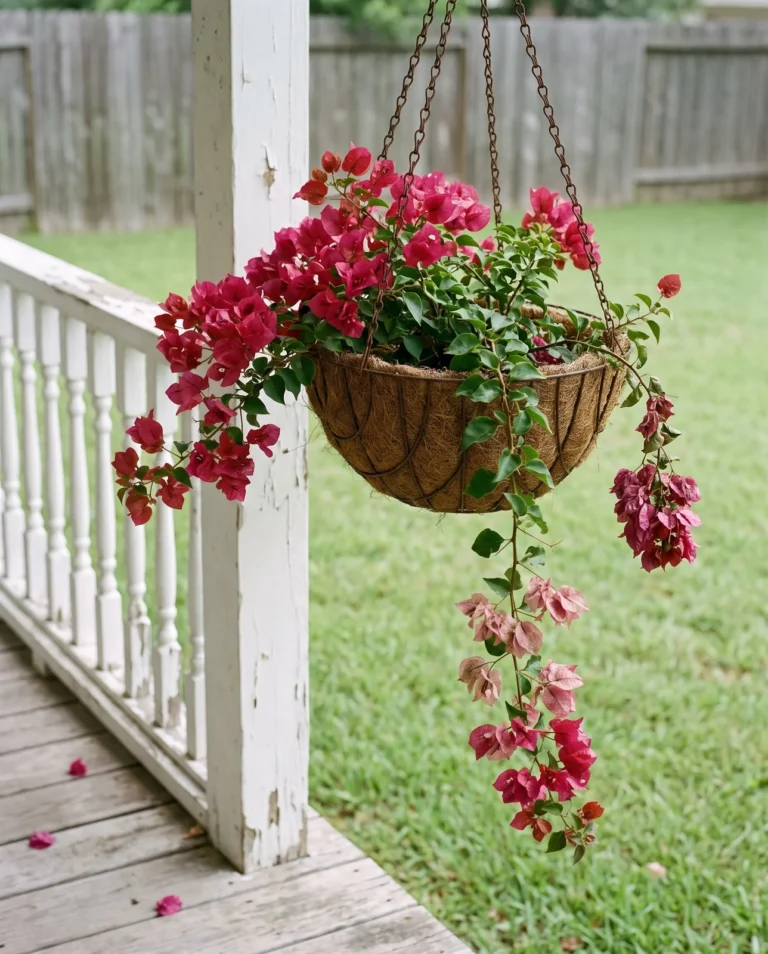 Oo-La-La dwarf bougainvillea with magenta-red bracts mounding in a hanging basket on a porch