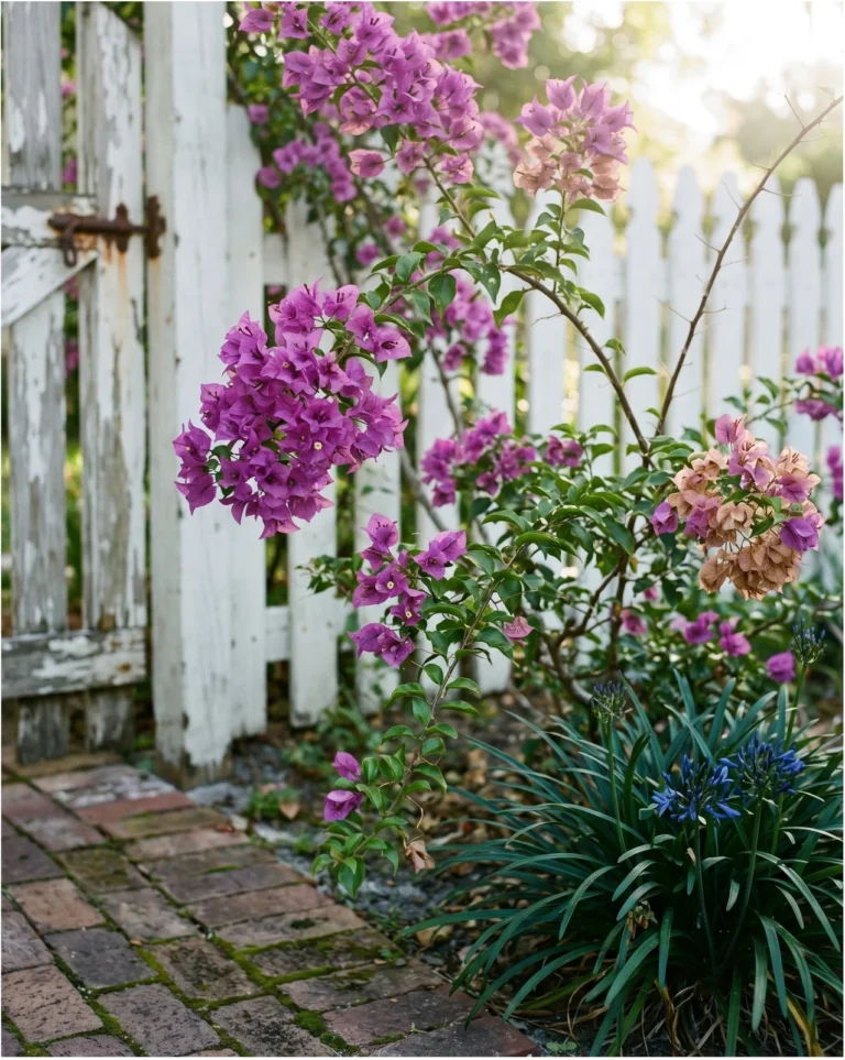 Purple Queen bougainvillea with rich purple bracts on a compact vine by a garden gate