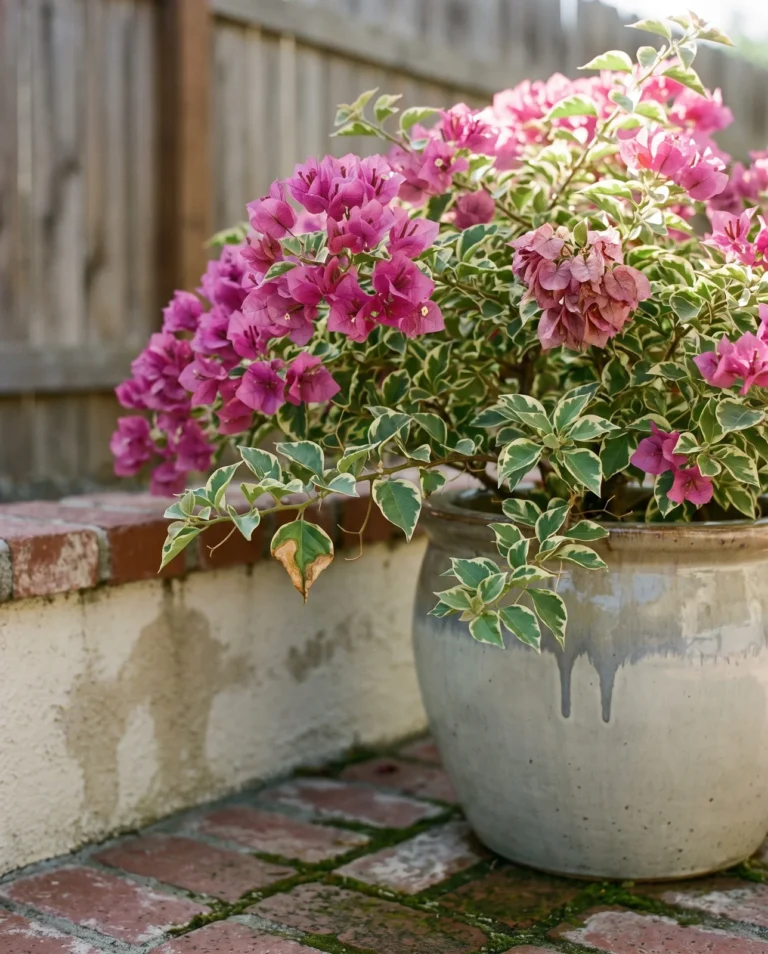 Raspberry Ice bougainvillea with cream-edged variegated leaves and magenta bracts in a pot