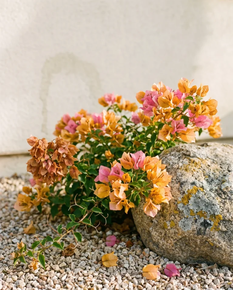 Rosenka bougainvillea with bracts opening gold and aging to pink on a low mounding shrub
