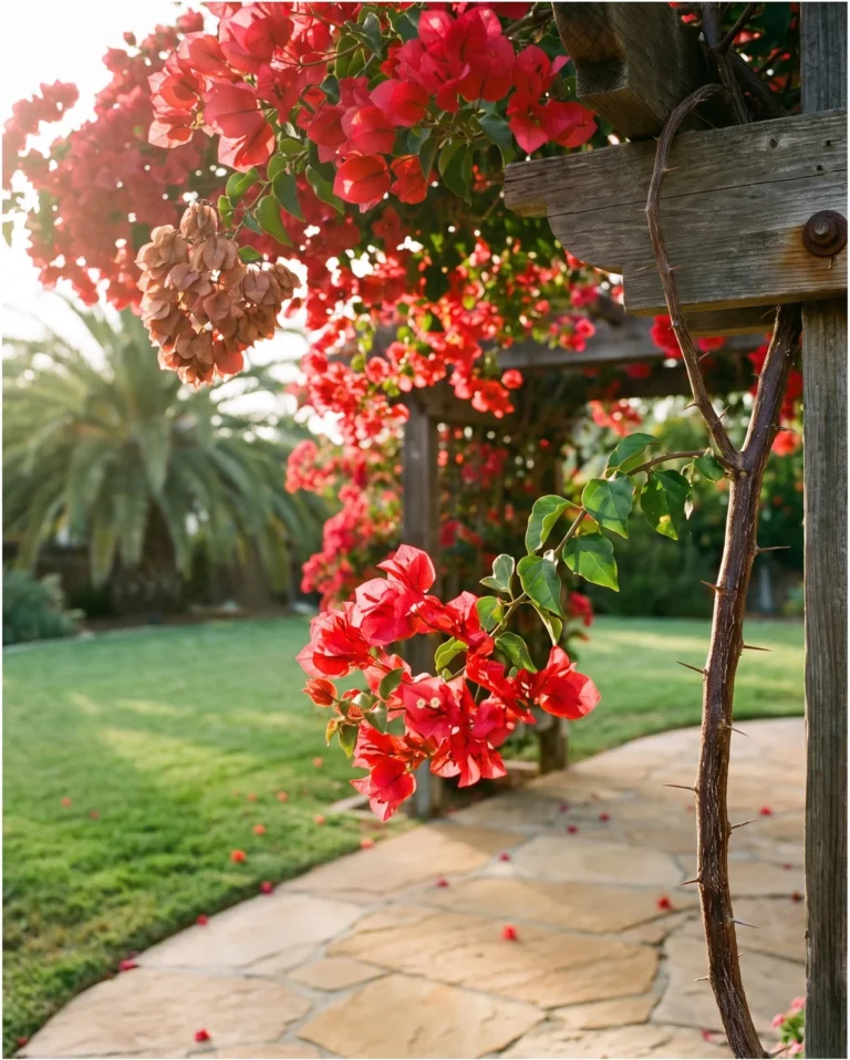San Diego Red bougainvillea with large red bracts on a vigorous vine over a wooden arbor
