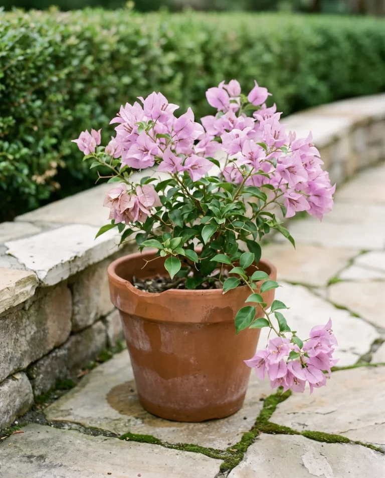 Sweet Dream bougainvillea with soft lavender-pink bracts on a compact plant in a terracotta pot