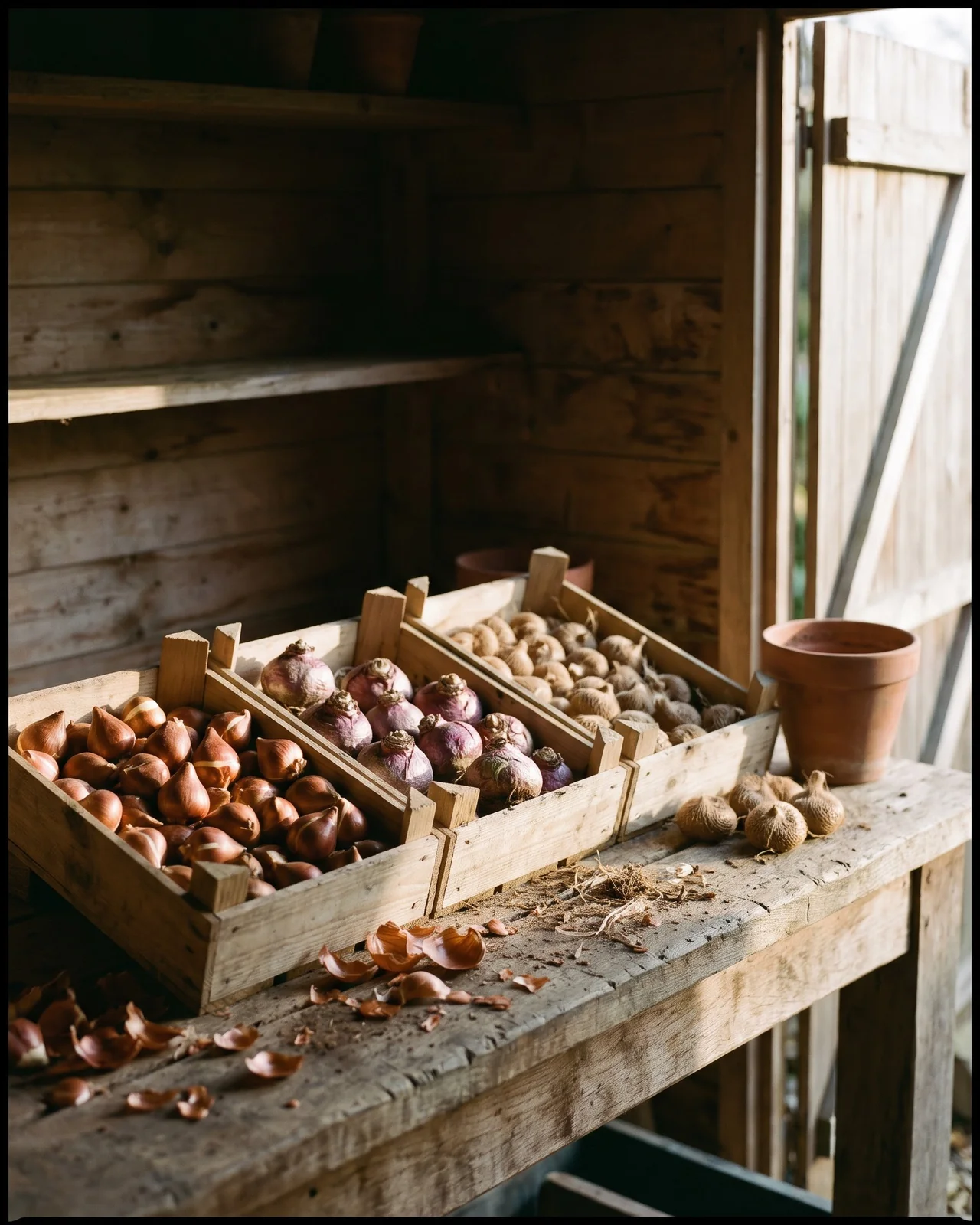 Tulip, hyacinth, and crocus bulbs arranged in crates on potting bench.
