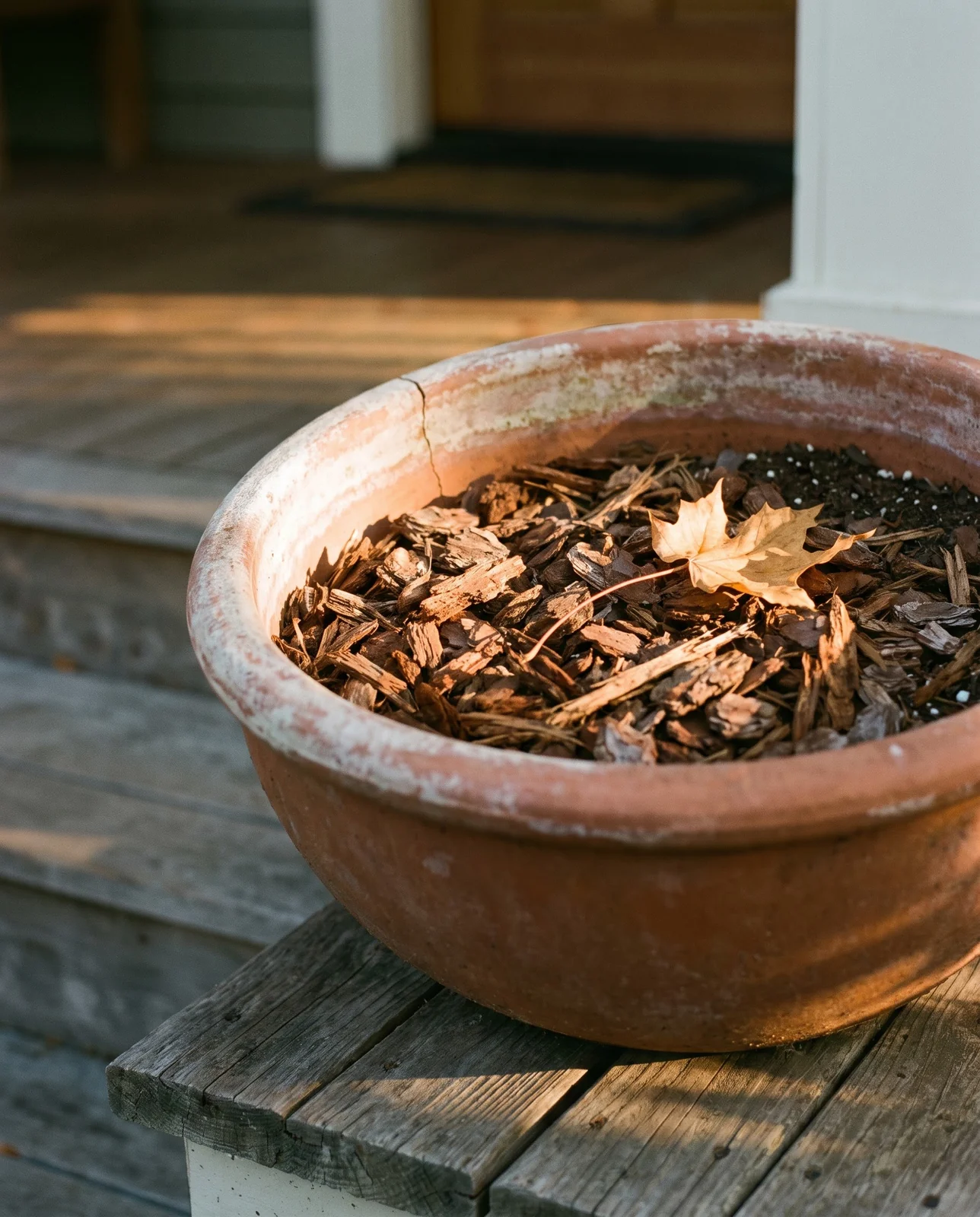 Freshly planted terracotta bulb lasagna pot mulched on wooden porch step.