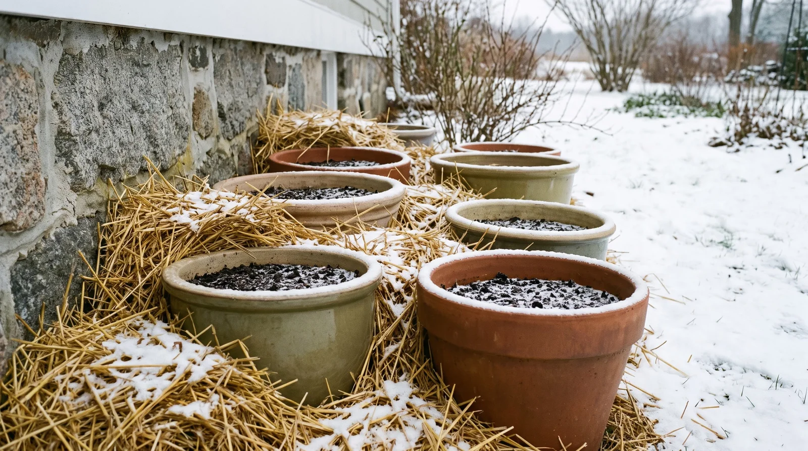 Container pots insulated with thick straw mulch against a stone wall.