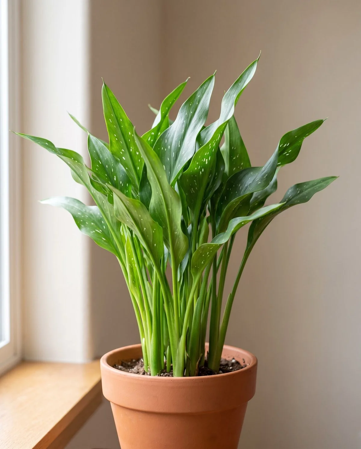 A healthy leafy calla in a pot with full green foliage and no flower stem or spathe anywhere