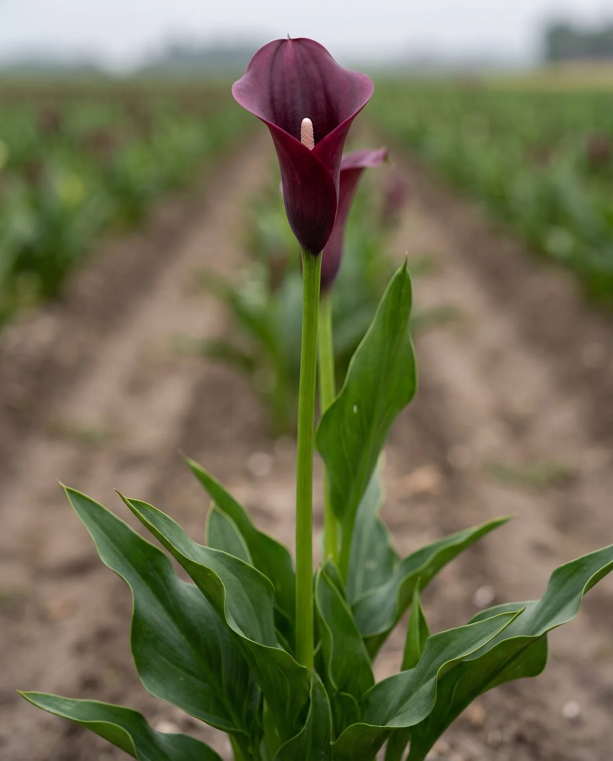 A dark wine-purple calla on a long cut stem, its spathe deeply coloured and furled around a pale spadix