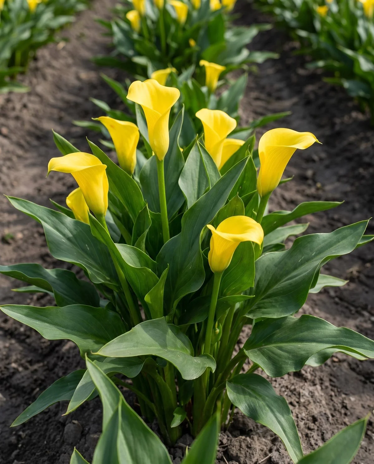 Bright yellow callas on very short stems sitting low among their own leaves