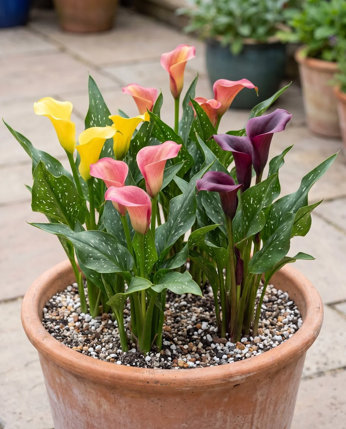 Coloured calla hybrids in a well-drained container, spathes in gold, pink and deep plum above spotted leaves