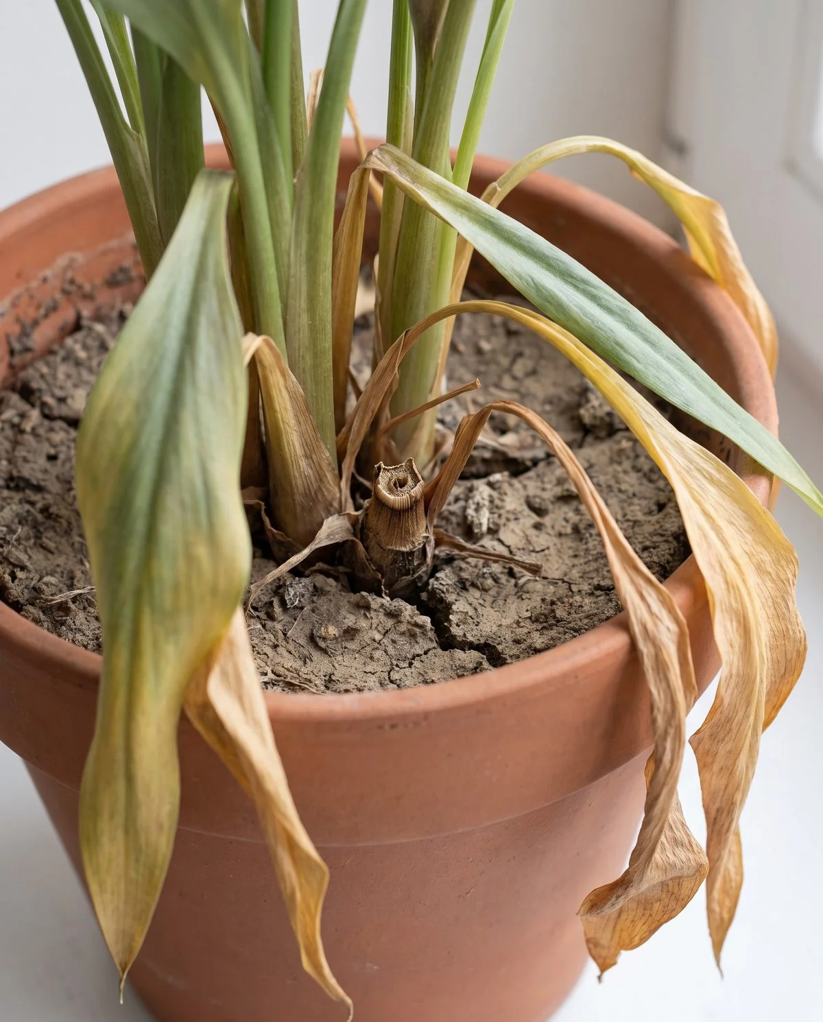 A potted calla dying back evenly after flowering, leaves yellowing and browning together with no soft tissue