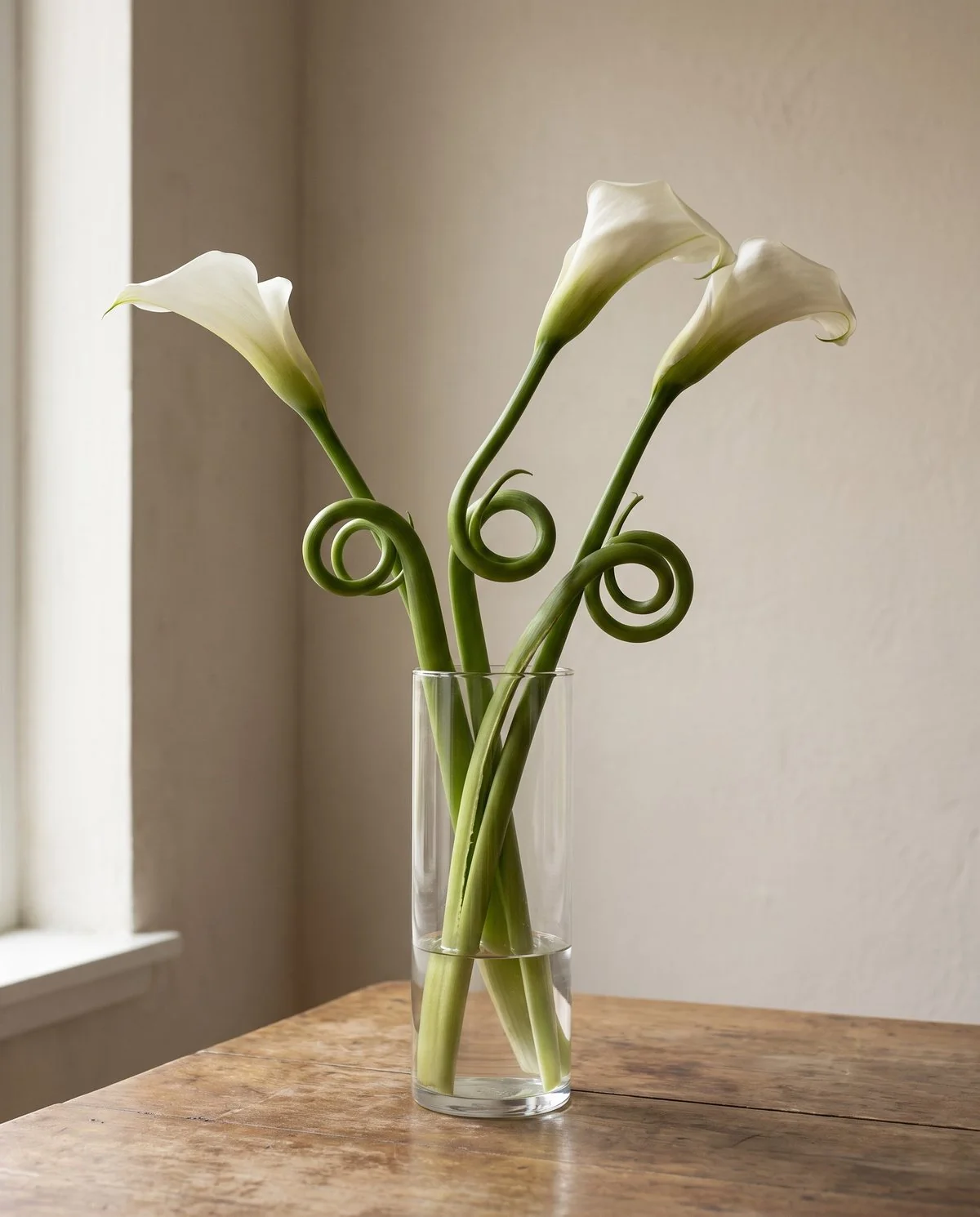 Cut calla stems in a shallow vase curling and corkscrewing where they stand in the water