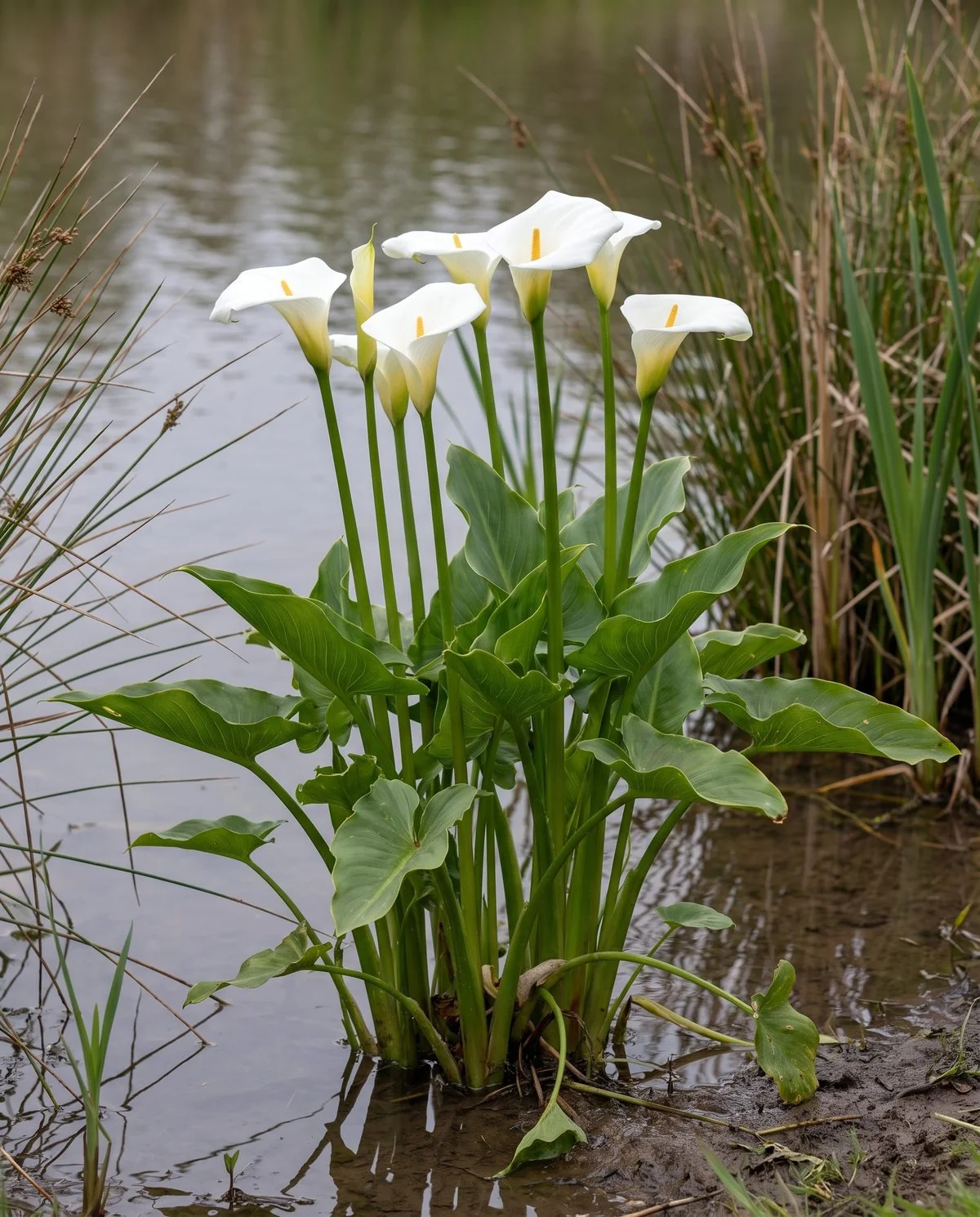 White callas growing at a pond margin with their stems standing in shallow water among arrowhead leaves